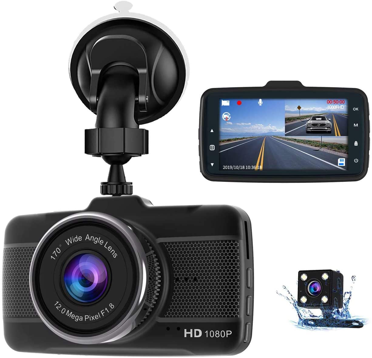 Claoner Dash Cams for Cars Front and Rear 1080P Full HD Dashcam Car